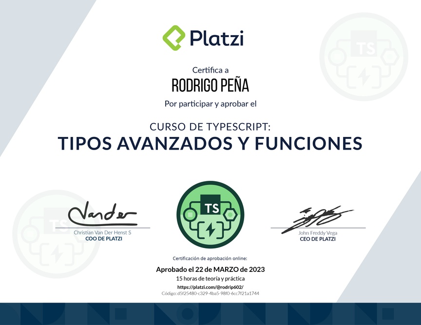 Diploma del Curso de TypeScript: Tipos Avanzados y Funciones