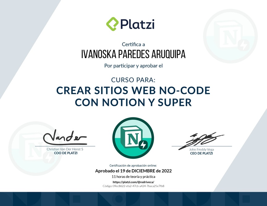 Diploma del Curso para Crear Sitios Web No-code con Notion y Super