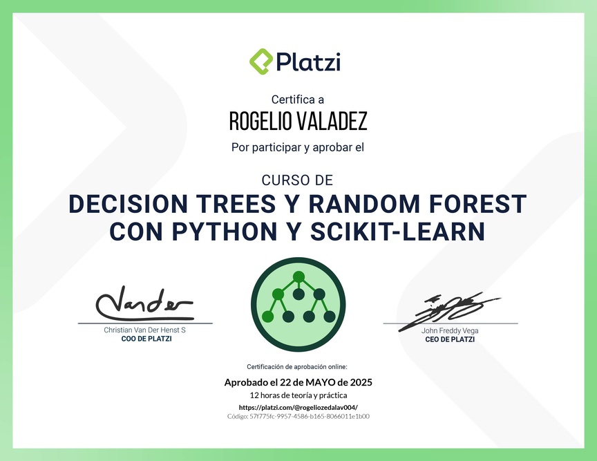 Diploma del Curso de Decision Trees y Random Forest con Python y scikit-learn