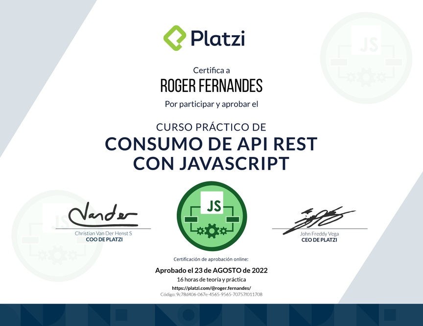 Diploma del Curso de API REST con Javascript: Ejemplos con APIs reales