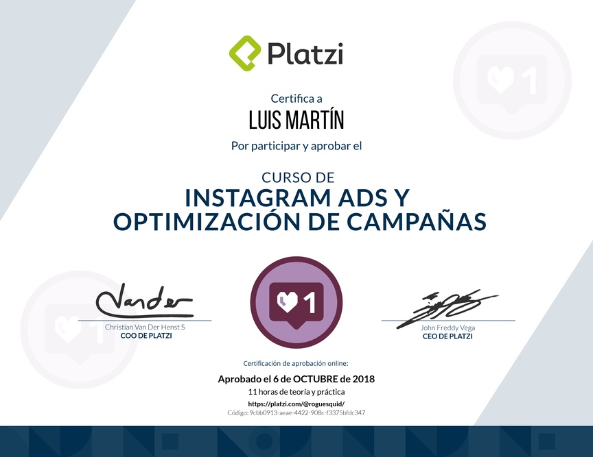 Diploma del Curso de Instagram Ads y Optimización de Campañas 2018