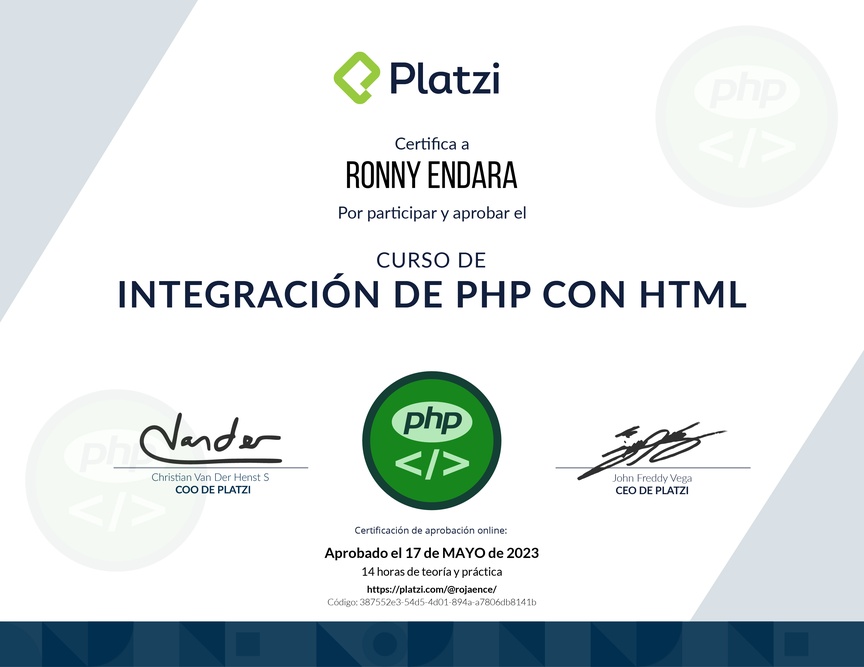 Diploma del Curso de PHP: Integración con HTML