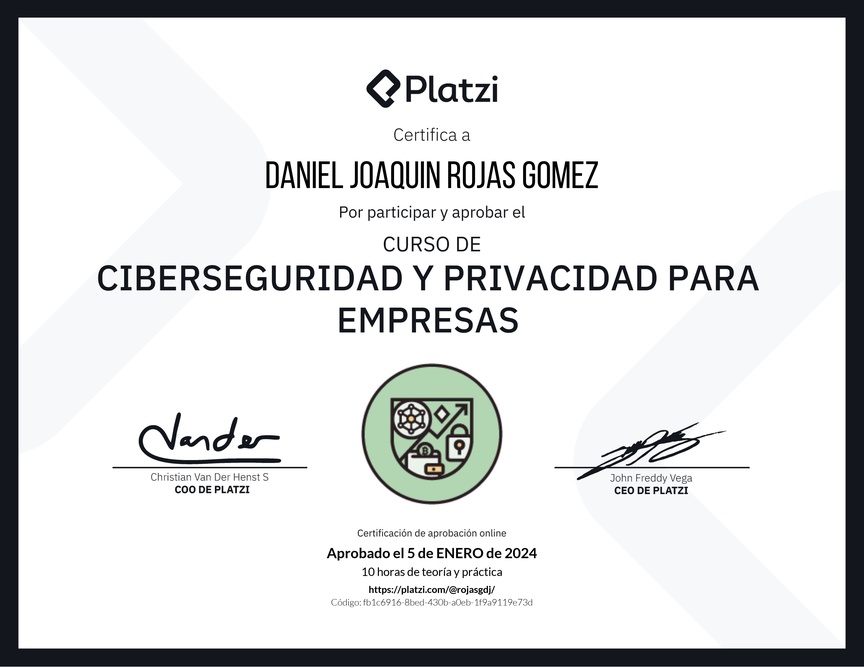 Diploma del Curso de Ciberseguridad y Privacidad Empresarial (2023)
