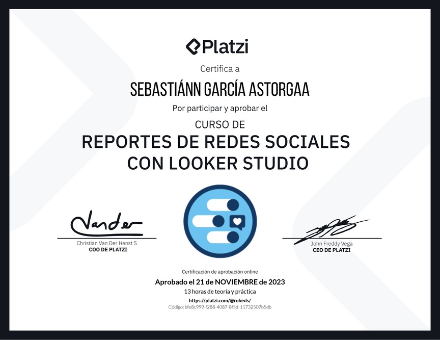Diploma del Curso de Generación de Reportes de Redes Sociales con Looker Studio