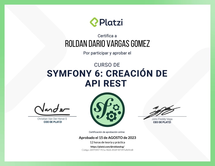Diploma del Curso de Symfony 6: Creación de API REST