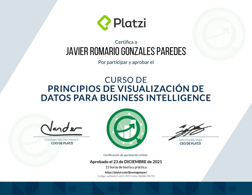 Diploma del Curso de Principios de Visualización de Datos para Business Intelligence (2021)