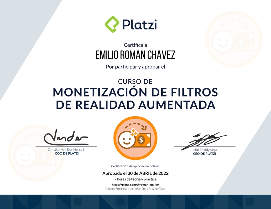 Diploma del Curso de Monetización de Filtros de Realidad Aumentada