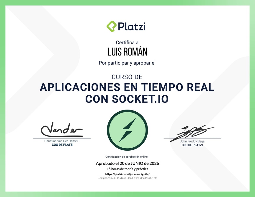 Diploma del Curso de Aplicaciones en Tiempo Real con Socket.io