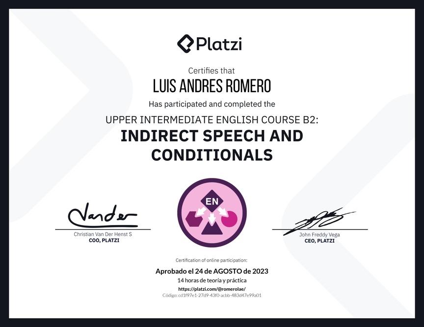 Diploma del Curso de Inglés Intermedio Alto B2: Discurso Indirecto y Condicionales