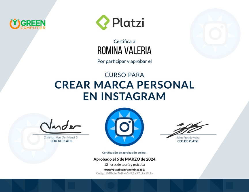 Diploma del Curso de Desarrollo de Marca Personal en Instagram