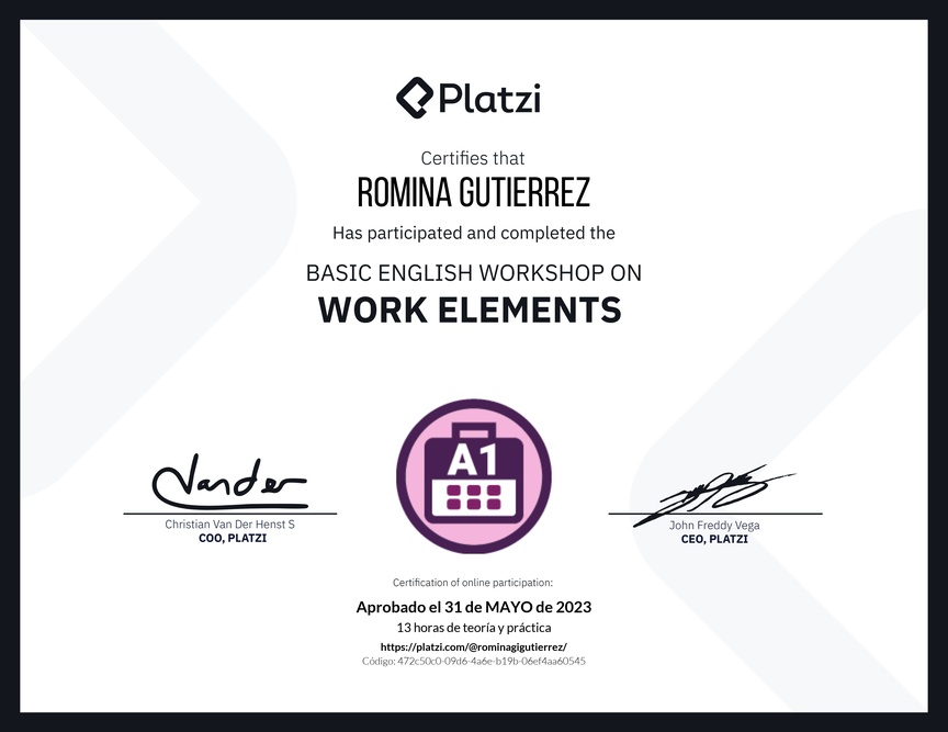 Diploma del Curso de Inglés Práctico sobre Elementos de Trabajo
