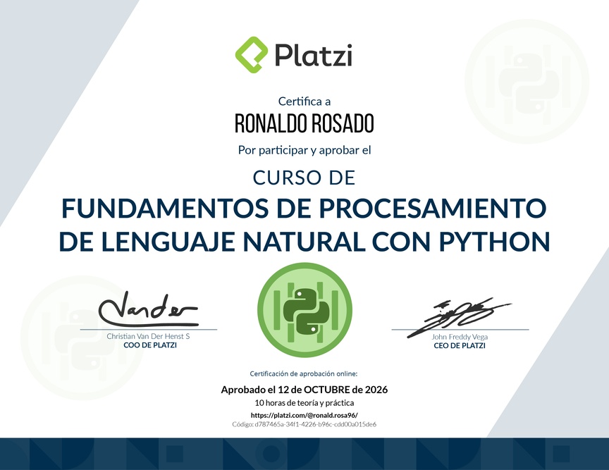 Diploma del Curso de Fundamentos de Procesamiento de Lenguaje Natural con Python y NLTK