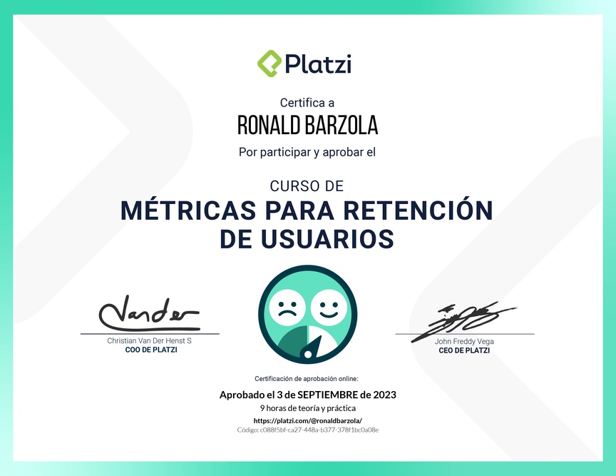Diploma del Curso de Fundamentos de Métricas para Retención de Usuarios