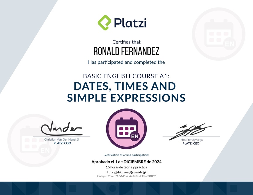 Diploma del Curso de Inglés Básico A1: Fechas, Horas y Expresiones Simples