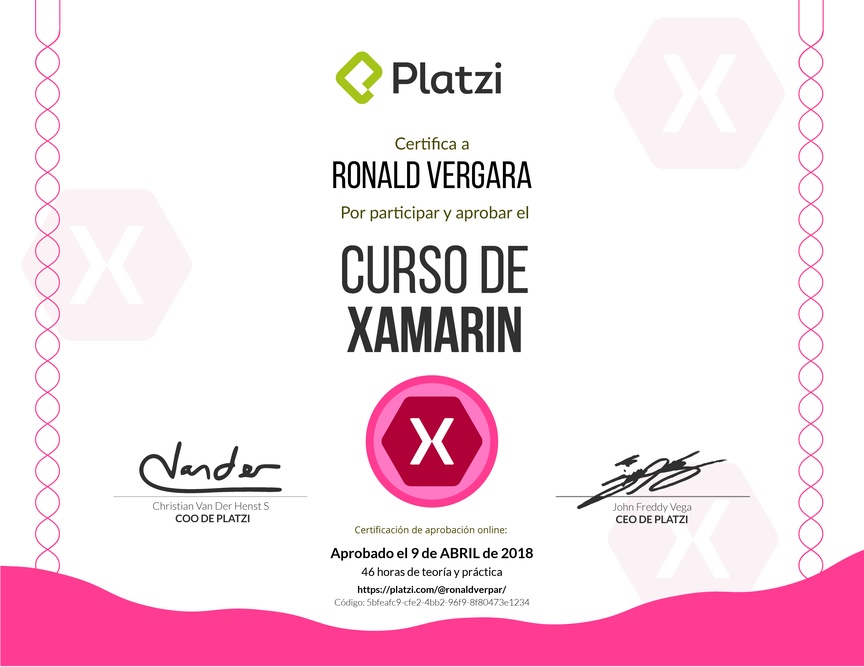 Diploma del Curso de Xamarin 2018