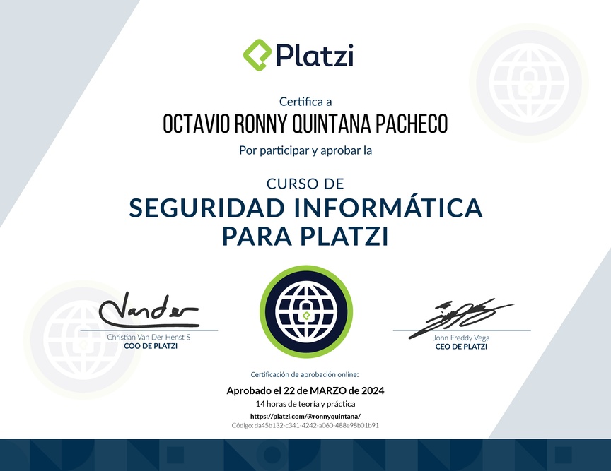 Diploma del Curso de Seguridad Informática para Platzi