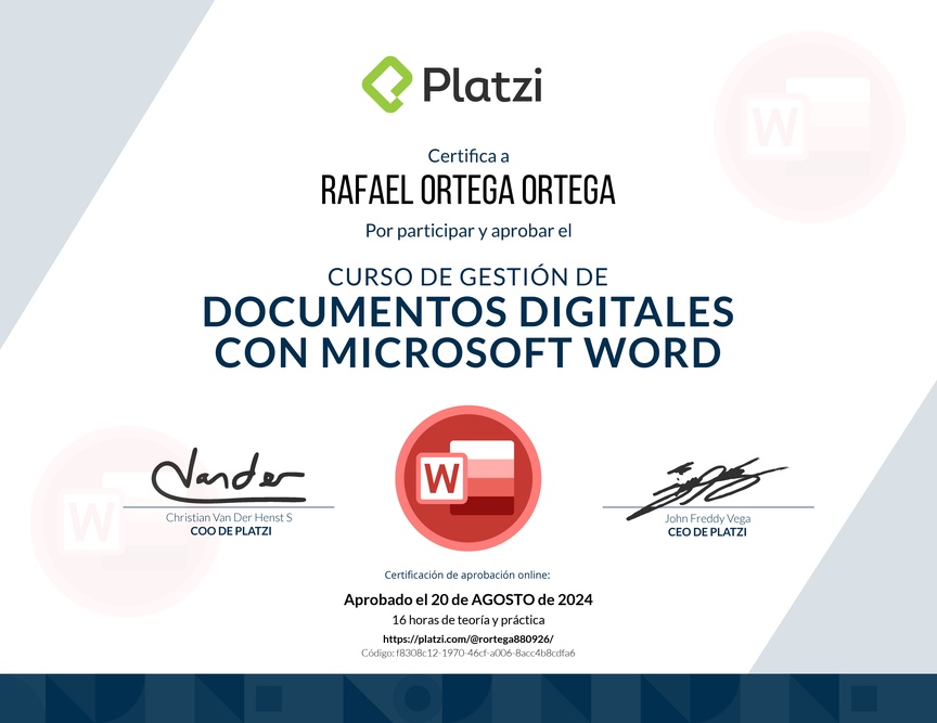 Diploma del Curso de Gestión de Documentos Digitales con Microsoft Word