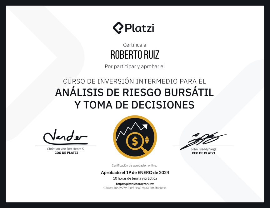 Diploma del Curso de Inversión Intermedio para el Análisis de Riesgo Bursátil y Toma de Decisiones
