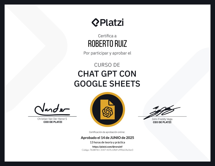 Diploma del Curso de ChatGPT con Google Sheets