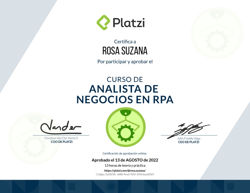 Diploma del Curso de Business Analyst para RPA