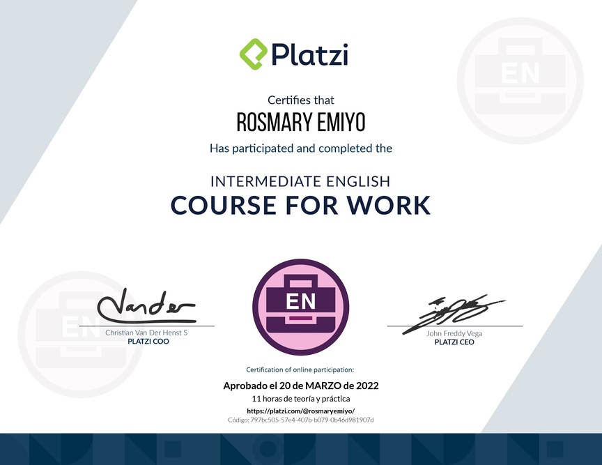 Diploma del Curso Intermedio de Inglés para el Trabajo 2020