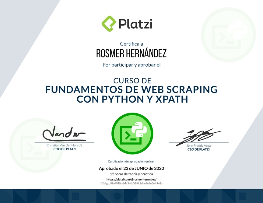 Diploma del Curso de Fundamentos de Web Scraping con Python y Xpath