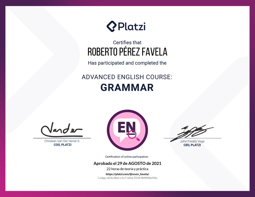 Diploma del Curso Avanzado de Gramática en Inglés (2020)