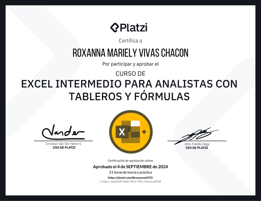 Diploma del Curso de Excel Intermedio para Analistas con Tableros y Fórmulas