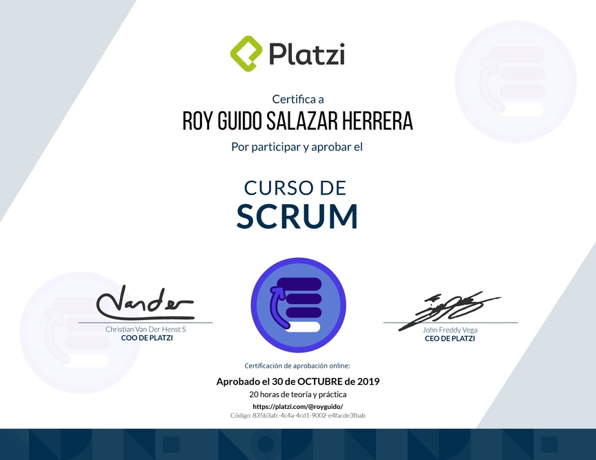 Diploma del Curso de SCRUM 2018