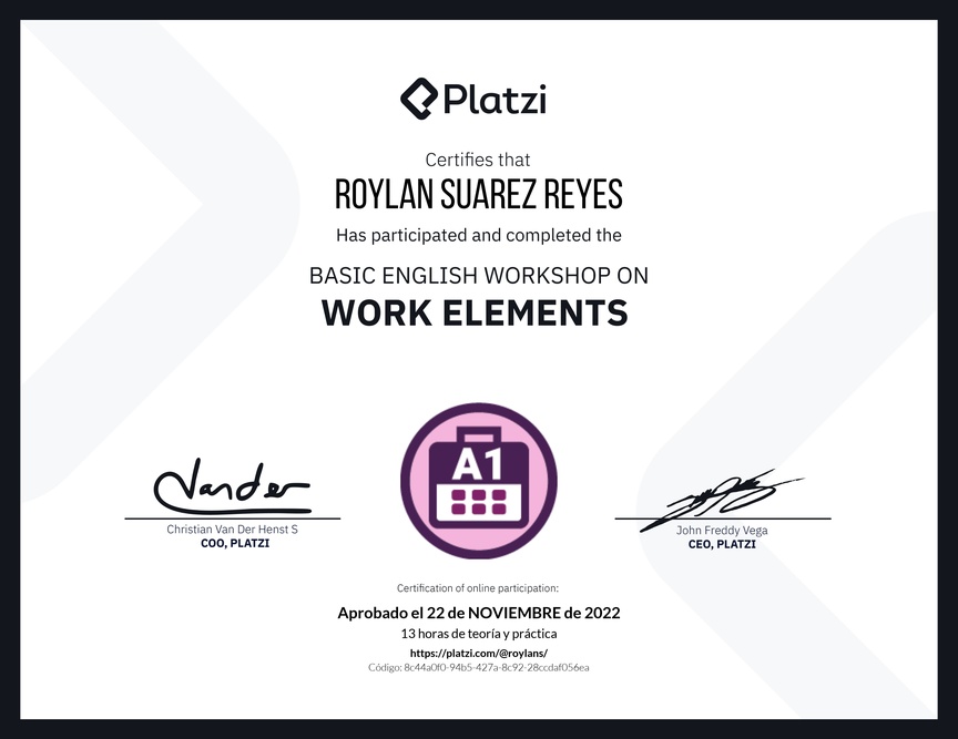 Diploma del Curso de Inglés Práctico sobre Elementos de Trabajo