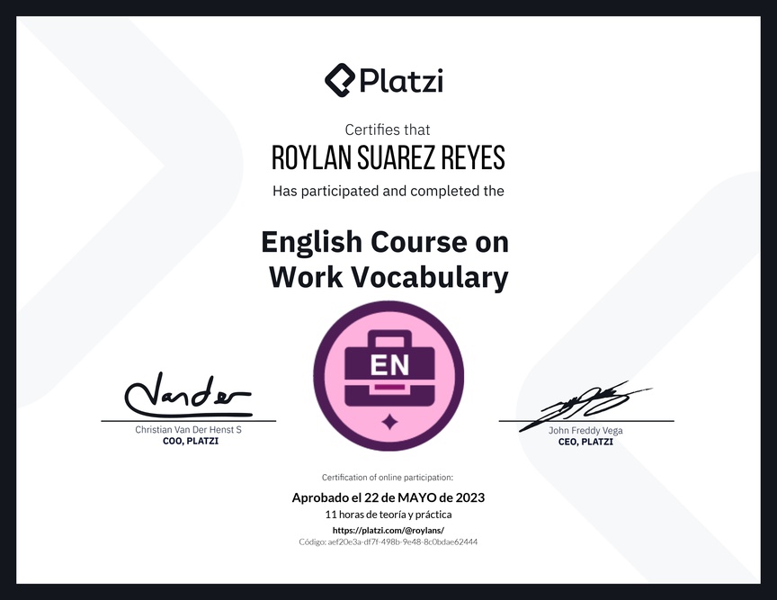 Diploma del Curso de Vocabulario en Inglés para el Trabajo
