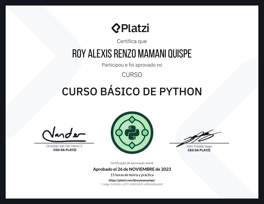 Diploma del Curso Básico de Python em Português