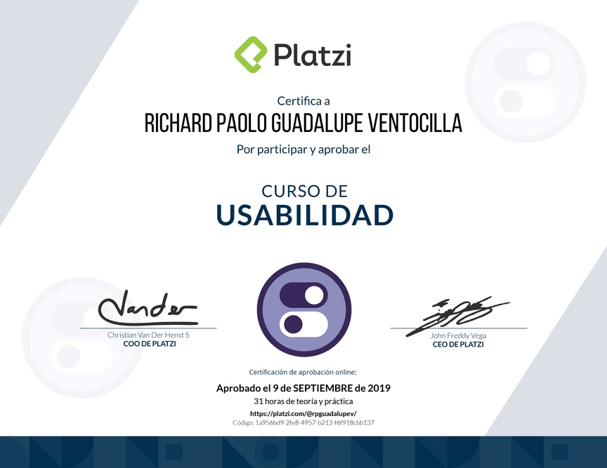 Diploma del Curso de Usabilidad: Principios, Pruebas y Herramientas Avanzadas