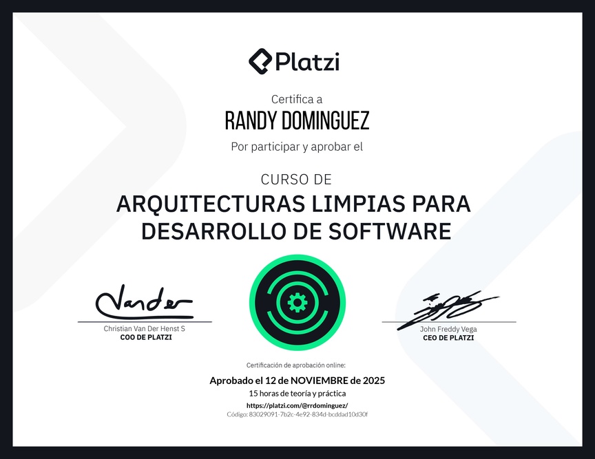 Diploma del Curso de Arquitecturas Limpias para Desarrollo de Software