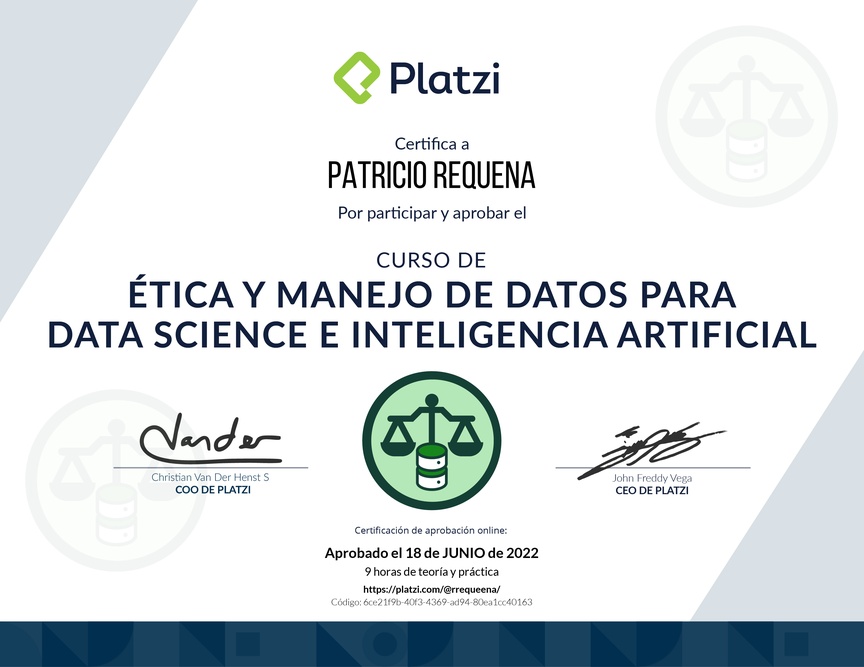 Diploma del Curso de Ética y Manejo de Datos para Data Science e Inteligencia Artificial