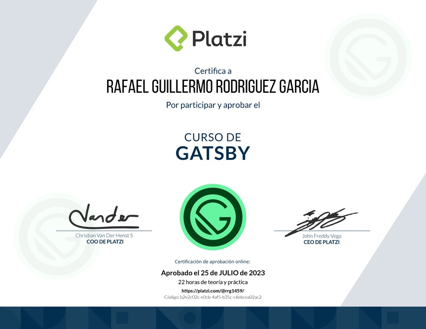 Diploma del Curso de Desarrollo de Aplicaciones Web con Gatsby JS