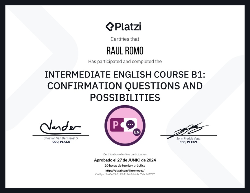 Diploma del Curso de Inglés Intermedio B1: Preguntas de Confirmación y Posibilidades