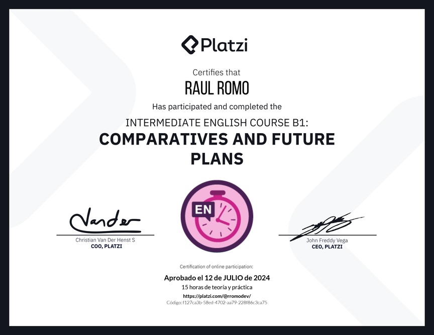 Diploma del Curso de Inglés Intermedio B1: Comparativos y Planes Futuros