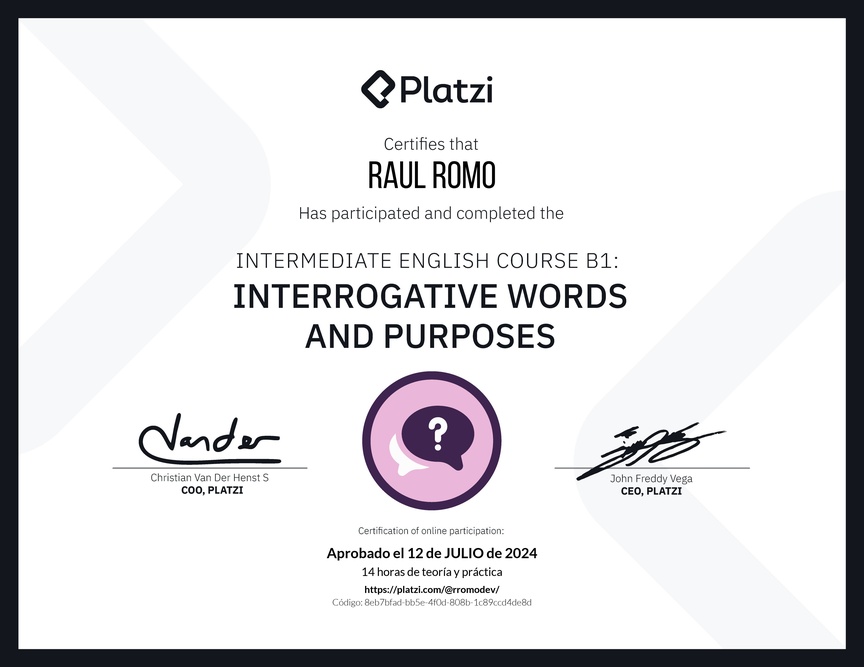 Diploma del Curso de Inglés Intermedio B1: Palabras Interrogativas y Propósitos