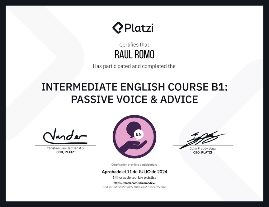Diploma del Curso de Inglés Intermedio B1: Voz Pasiva y Consejos