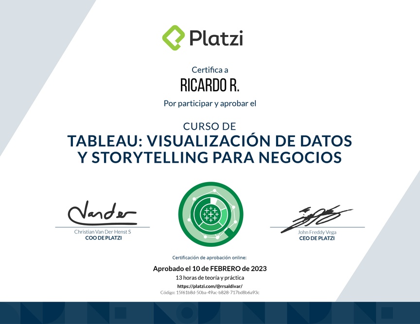 Diploma del Curso de Tableau: Visualización de Datos y Storytelling para Negocios
