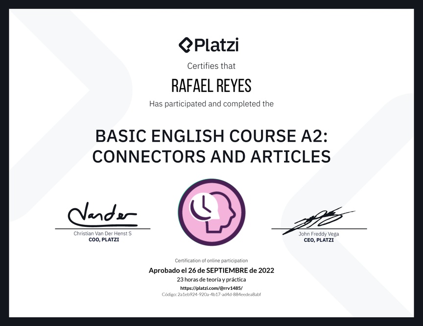 Diploma del Curso de Inglés Básico A2: Conectores y Artículos