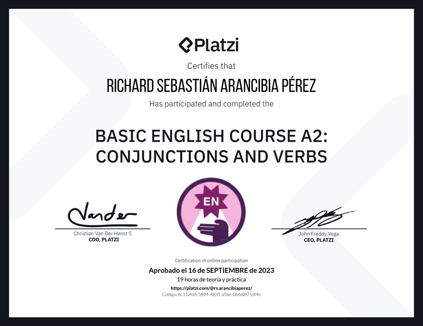 Diploma del Curso de Inglés Básico A2: Conjunciones y Verbos