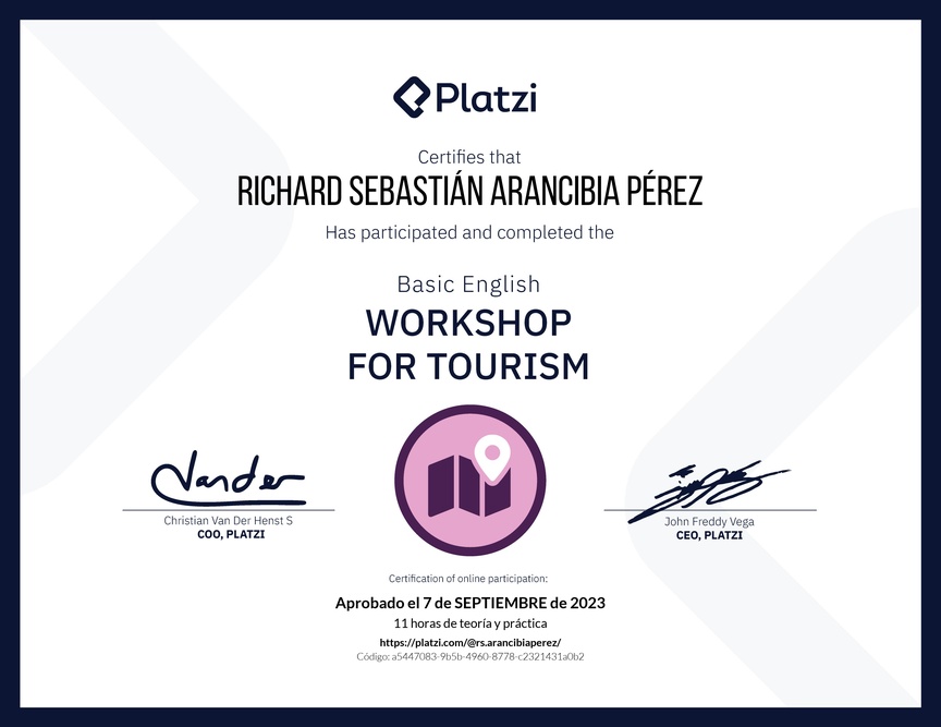 Diploma del Curso de Inglés Práctico para Viajes de Turismo