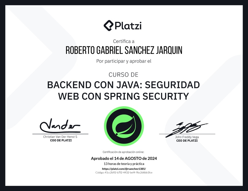 Diploma del Curso de Java Spring Security: Autenticación y Seguridad Web