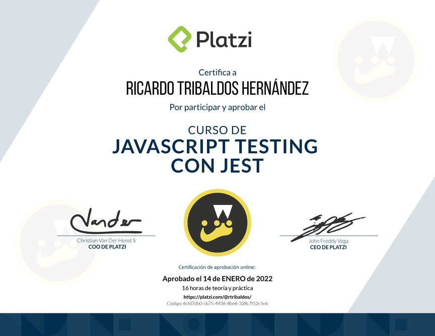 Diploma del Curso de JavaScript Testing con Jest 2019