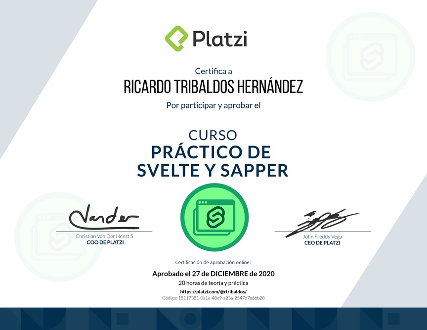 Diploma del Curso de Desarrollo Web con Svelte y Sapper