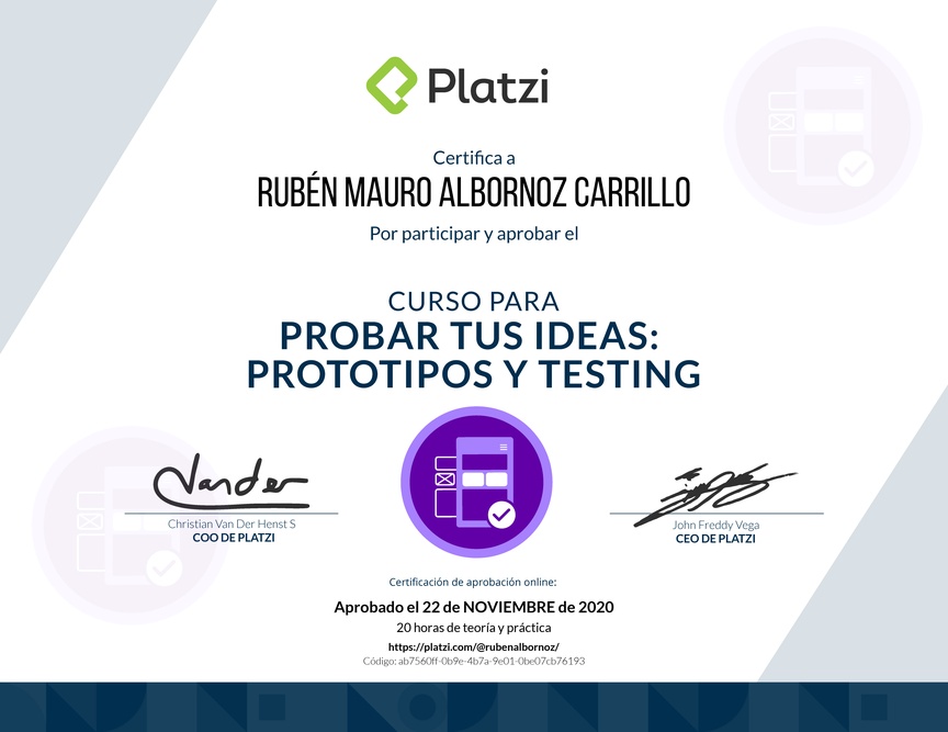 Diploma del Curso de validación de Ideas: Prototipos y Testing Exitosos
