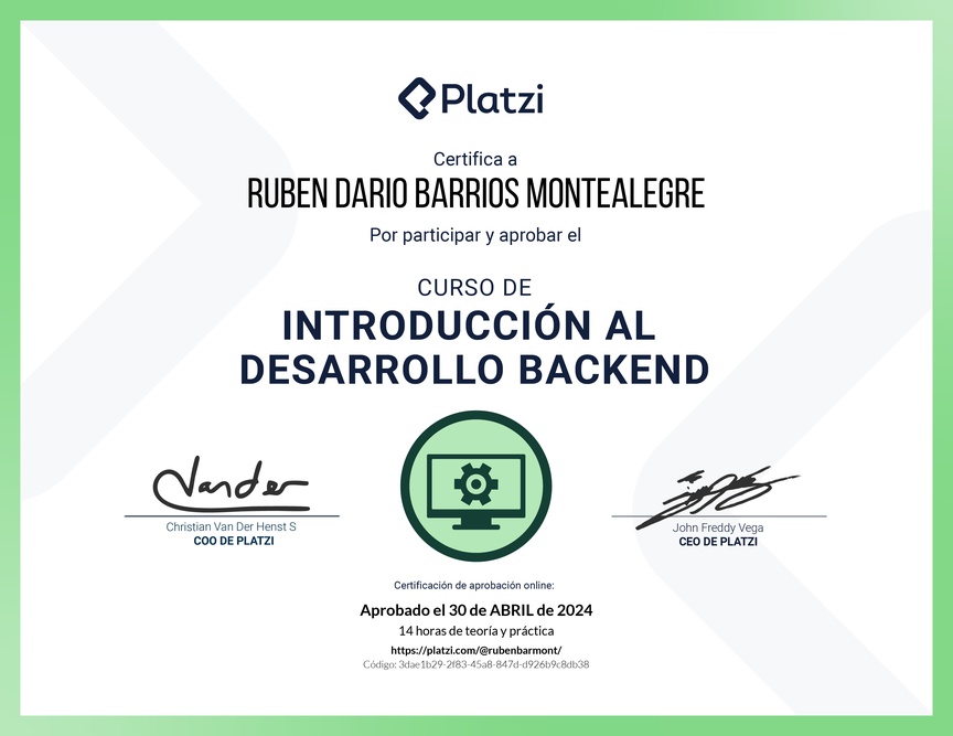 Diploma del Curso de Introducción al Desarrollo Backend