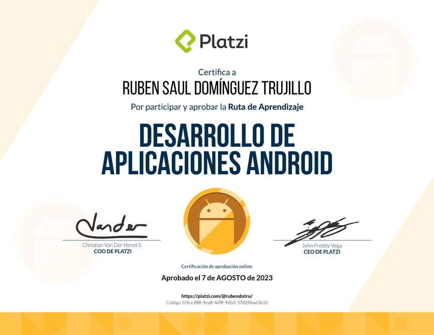 Diploma de la Ruta de Aprendizaje de Desarrollo de Aplicaciones Android